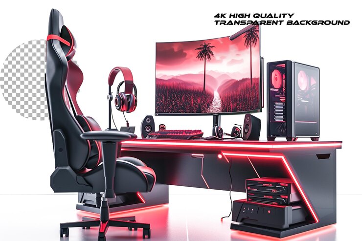 PSD computer setup with a gaming chair isolated on transparent background