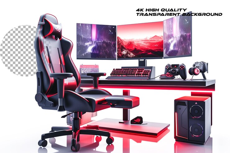 PSD computer setup with a gaming chair isolated on transparent background