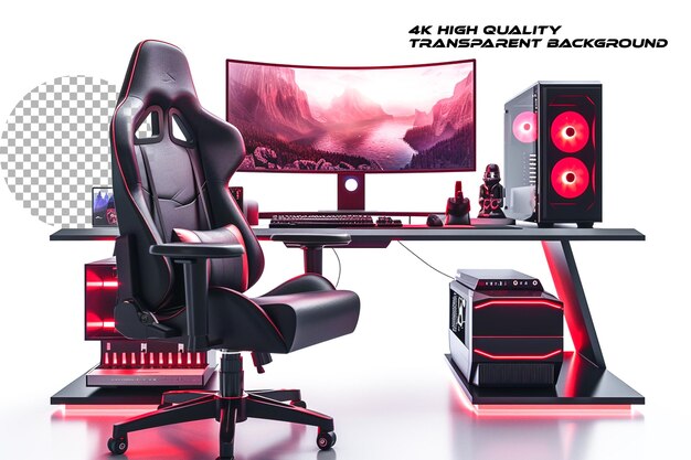 Computer setup with a gaming chair isolated on transparent background