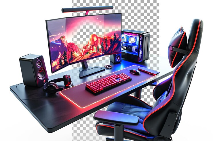 PSD computer setup with a gaming chair isolated on transparent background