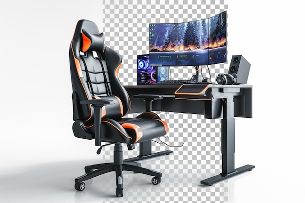 PSD computer setup with a gaming chair isolated on transparent background