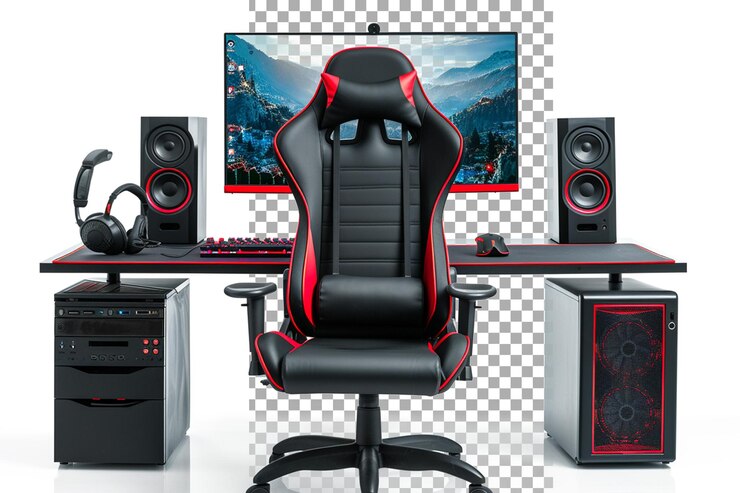 PSD computer setup with a gaming chair isolated on transparent background