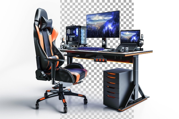 PSD computer setup with a gaming chair isolated on transparent background