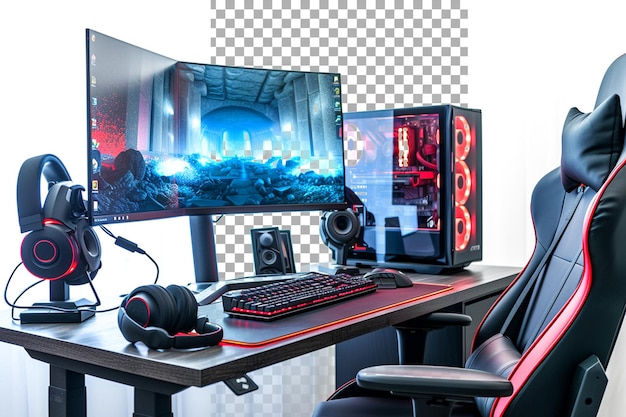 PSD computer setup with a gaming chair isolated on transparent background