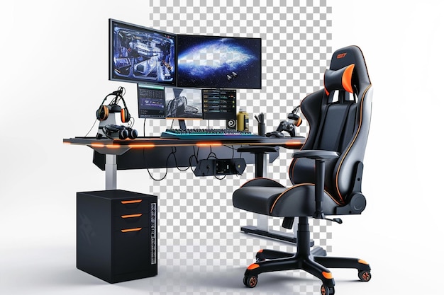 PSD computer setup with a gaming chair isolated on transparent background