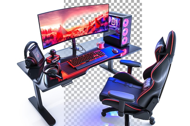 PSD computer setup with a gaming chair isolated on transparent background