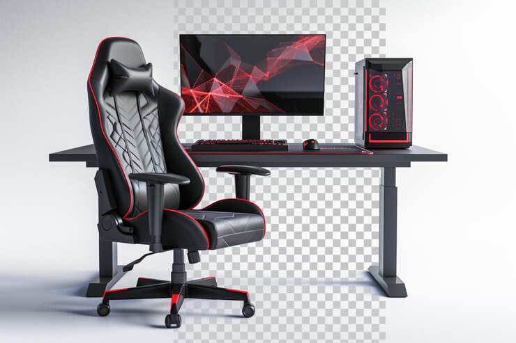 PSD computer setup with a gaming chair isolated on transparent background
