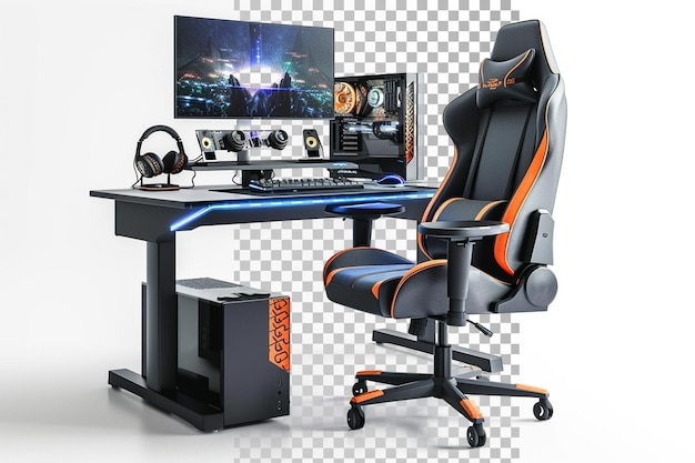 PSD computer setup with a gaming chair isolated on transparent background