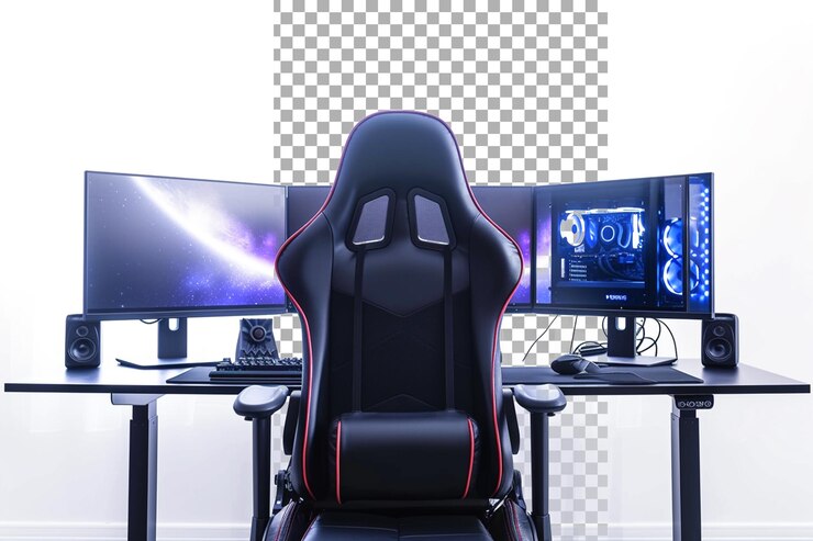 PSD computer setup with a gaming chair isolated on transparent background