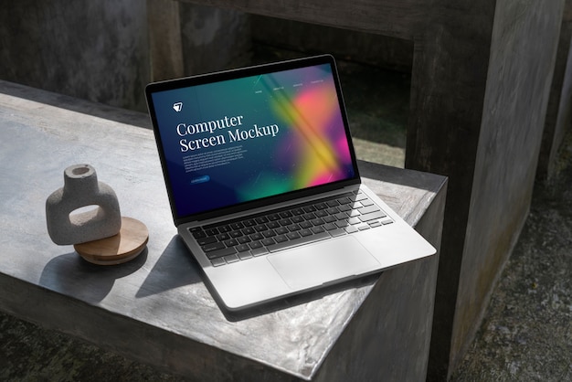 PSD computer on stairs mockup design