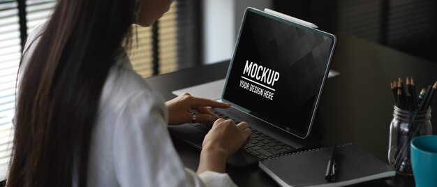 PSD computer table mockup with digital tablet
