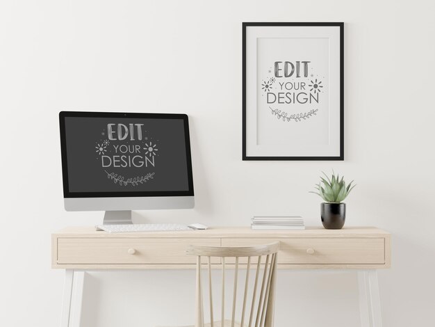 Computer on table in work space mockup