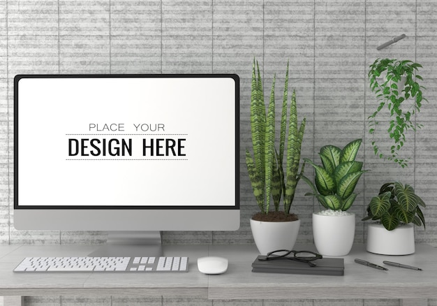 Computer sul tavolo nello spazio di lavoro psd mockup