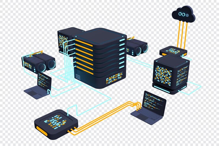 PSD computer technology 3d illustration computation of big data center cloud computing online devices upload and download information modern 3d illustration 3d rendering