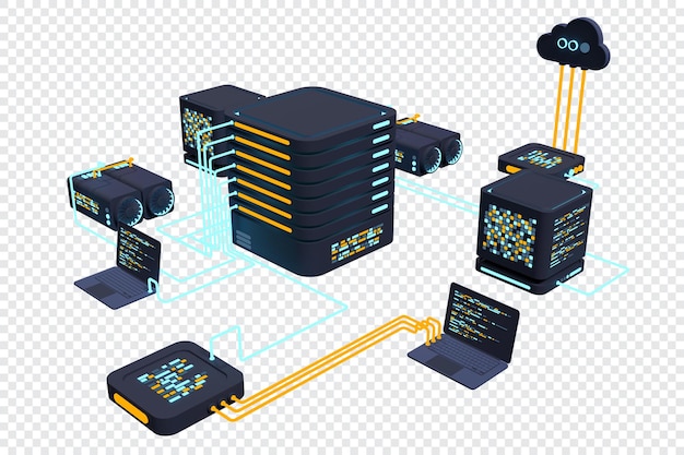 PSD コンピュータ技術 3dイラスト ビッグデータセンターのコンピューティング クラウドコンピューティング オンラインデバイスで情報をアップロード・ダウンロード モダンな3dイラスト 3dレンダリング