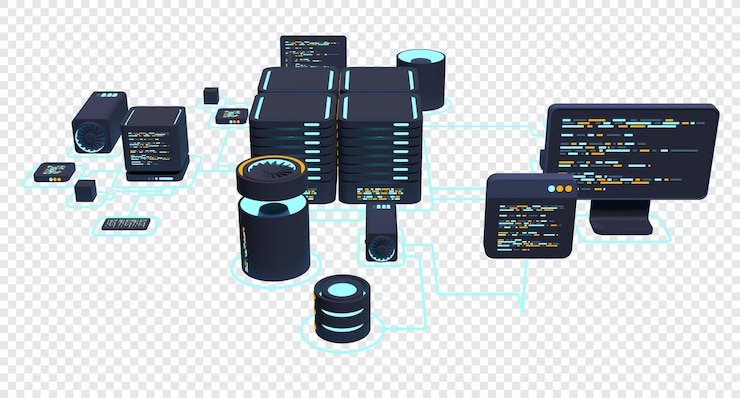 PSD computer technology 3d illustration computation of big data center cloud computing online devices upload and download information modern 3d illustration 3d rendering