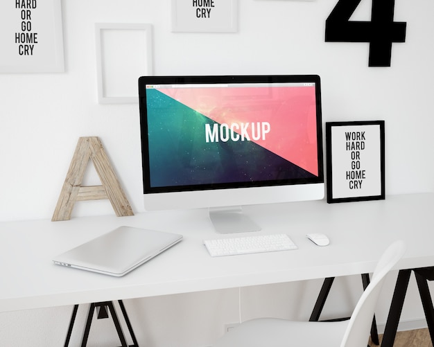 Computer on white desktop mock up