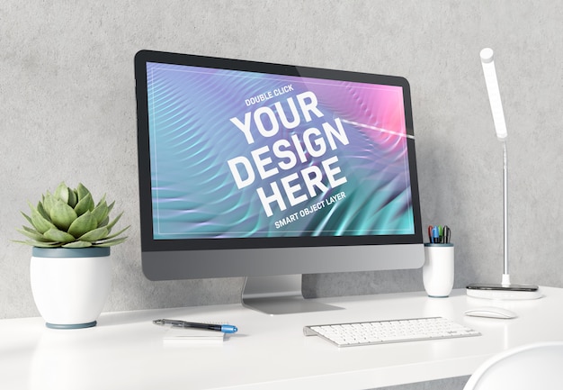 Computer sul desktop bianco mockup