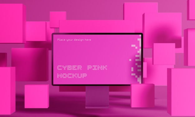 Computermockup omringd door roze