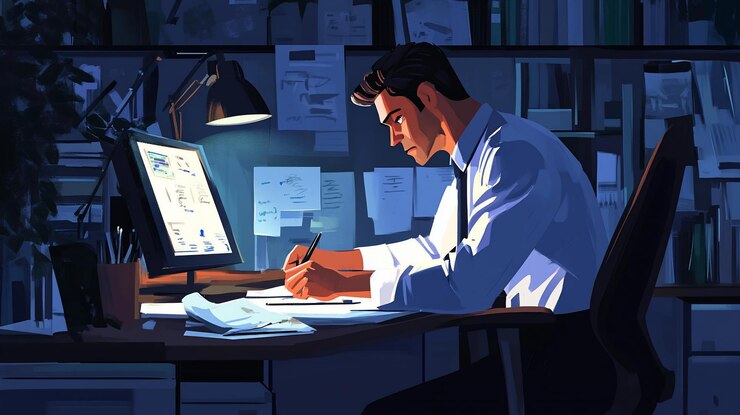 PSD concentrated businessman working late at night in his office illuminated by a desk lamp