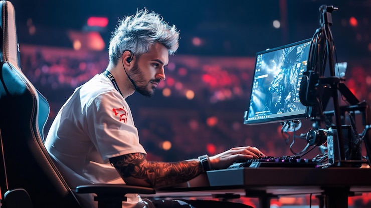 PSD concentrated esports gamer plays on computer during tournament