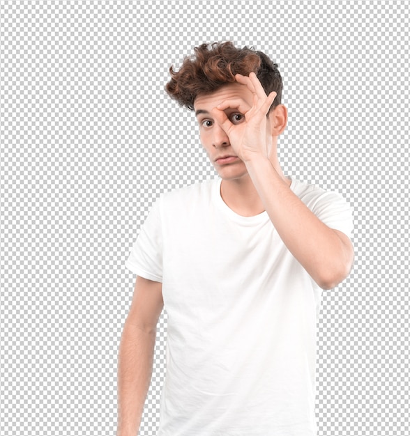 PSD concentrated young guy with a gesture of observe