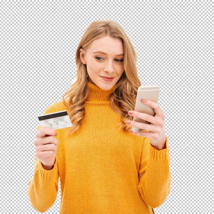 PSD сосредоточенная молодая женщина с мобильным телефоном и кредитной картой