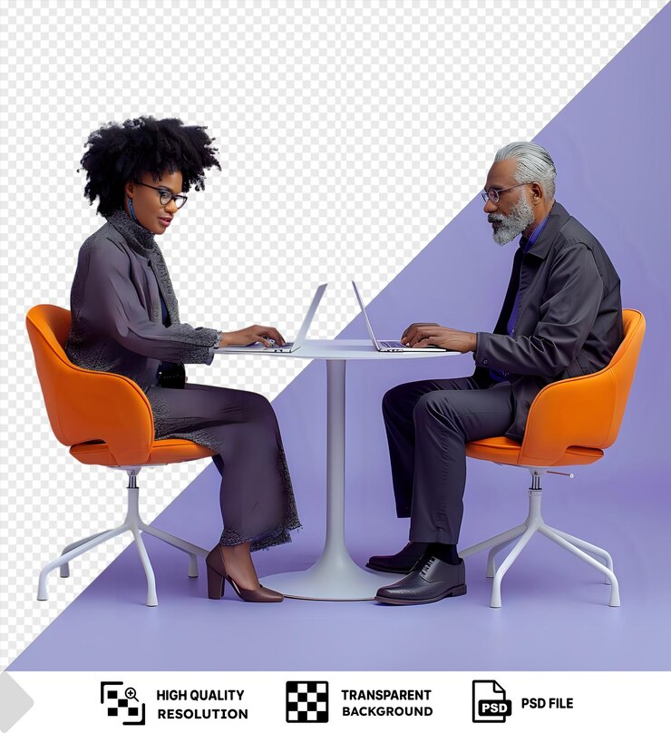 PSD concentration focused mulatta woman and middle aged man typing on laptop sitting at table opposite each other in modern office surrounded by orange and gray chairs with a purple wall in the png