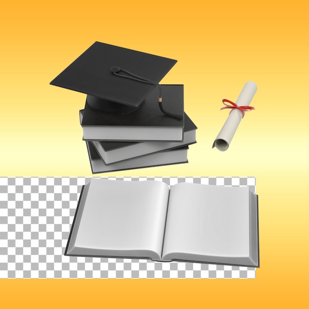 PSD concept of graduation day with black graduated hat and blank white certificate document with ribbon