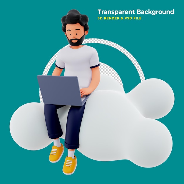 Concept mobile application and cloud services male character sits on big cloud sign 3d illustration