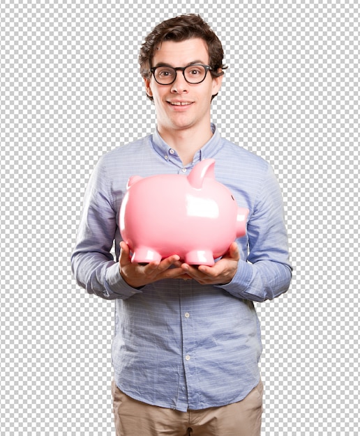 concept of a satisfied young man saving money