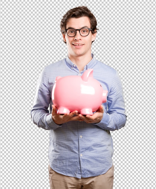 Concept of a satisfied young man saving money