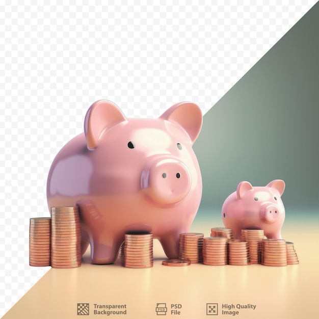 PSD concept of saving money stacks of coins in piggy banks on a transparent background