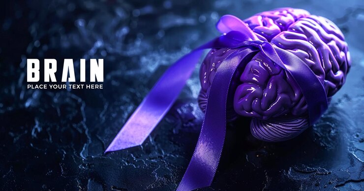 PSD concept with human brain and purple ribbon on dark background