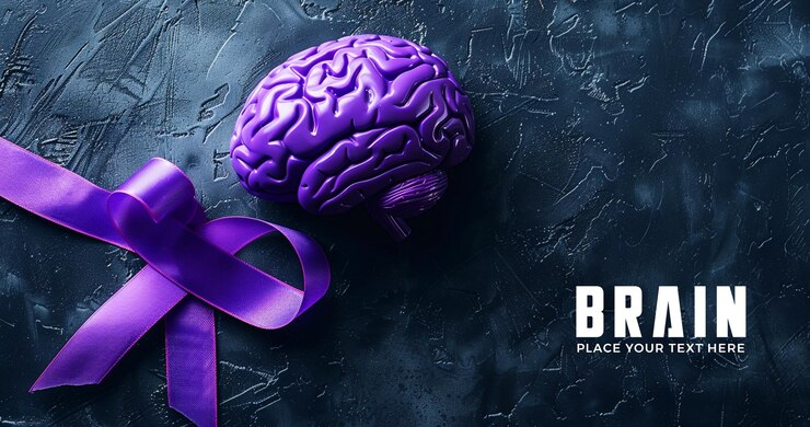 PSD concept with human brain and purple ribbon on dark background