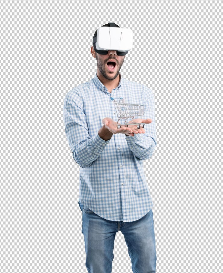 PSD concept of a young man who can make the purchase with virtual reality glasses