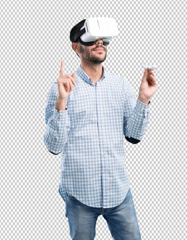 PSD concept of a young man who can travel with virtual reality glasses