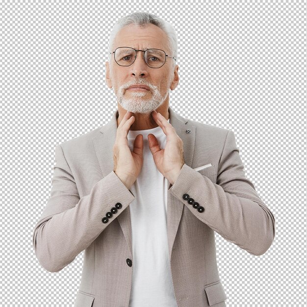 concerned elderly man touching his neck complaining sore throat
