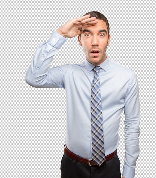 PSD concerned young businessman doing an observe gesture