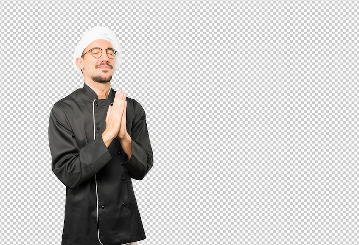 PSD concerned young chef praying gesture
