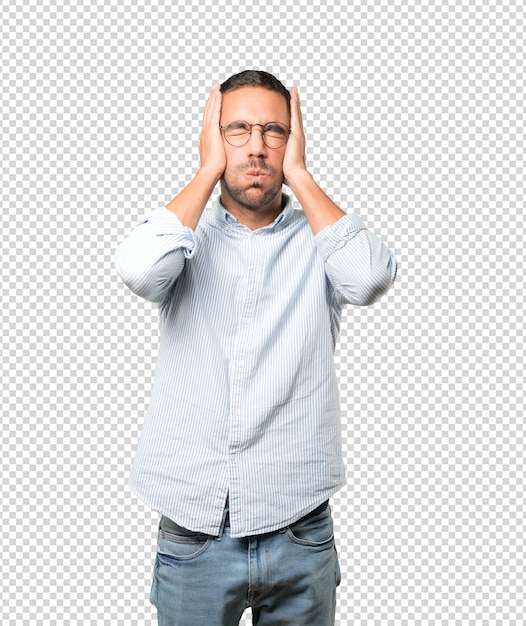 PSD concerned young man doing a gesture of relief