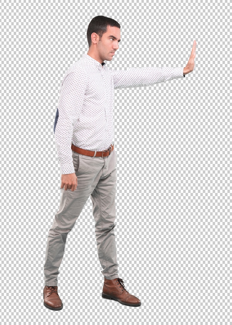 PSD concerned young man with a gesture of hold - full body shot