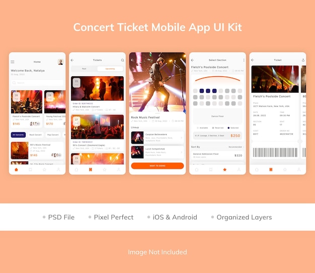 Комплект пользовательского интерфейса для мобильного приложения «билет на концерт»
