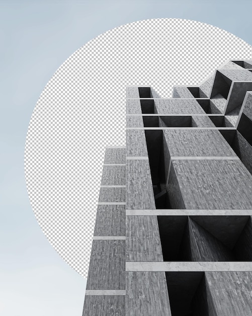 PSD concrete building with brutalism design 3d rendering of abstract architecture with sky background