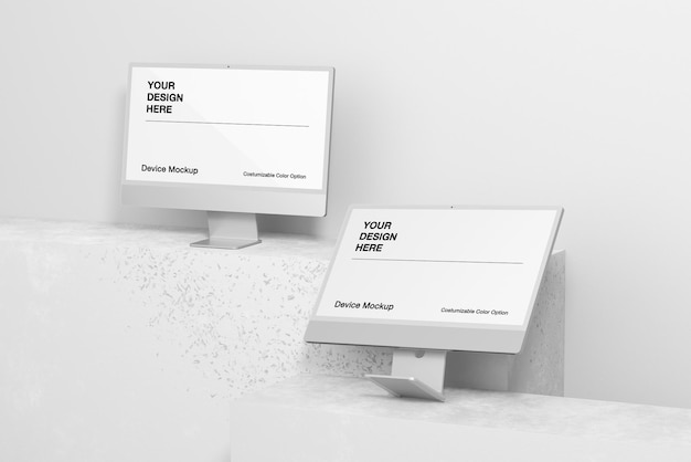 Concrete computer mockup set met bewerkbare achtergrond en object kleur