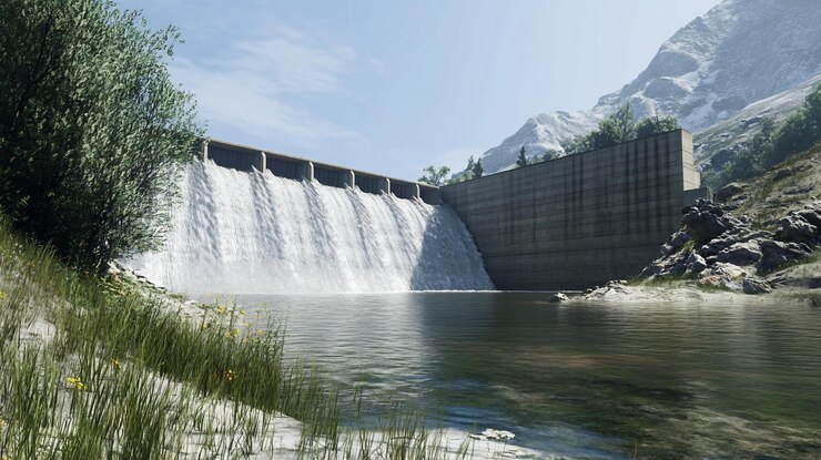 PSD concrete dam in mountain landscape with water cascading over spillway