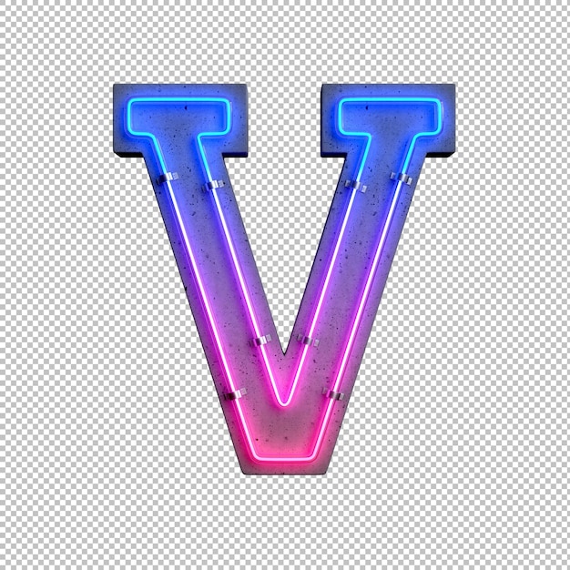 Concrete neon light alphabet V on transparent background