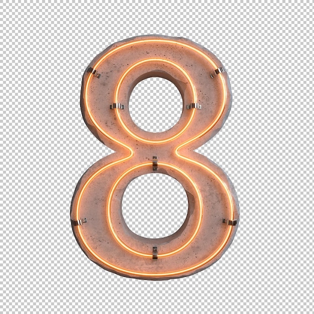 Concrete neon light Number 8 on transparent background