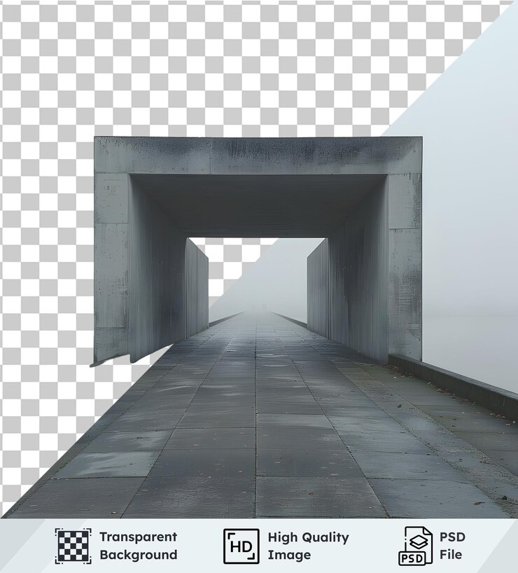 PSD 混凝土結構延伸路徑 穿過霧<unk>的風景 呈現透明的背景