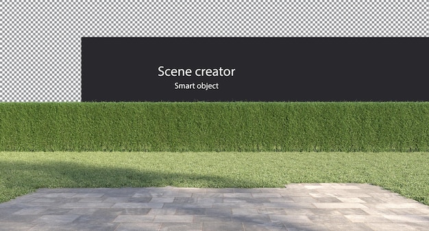 PSD concrete tile floor grass field and hedge on background under tree shadow isolated